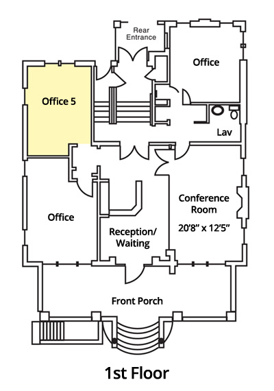 Floorplan with 4 offices, conference room, lav waiting area, front porch