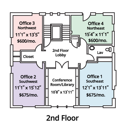 Floorplan with 4 offices, lav, conference room and landing