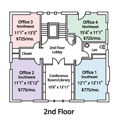 Floorplan with 4 offices, lav, conference room and landing. 2 offices are $775/month, 2 are $725/mo.